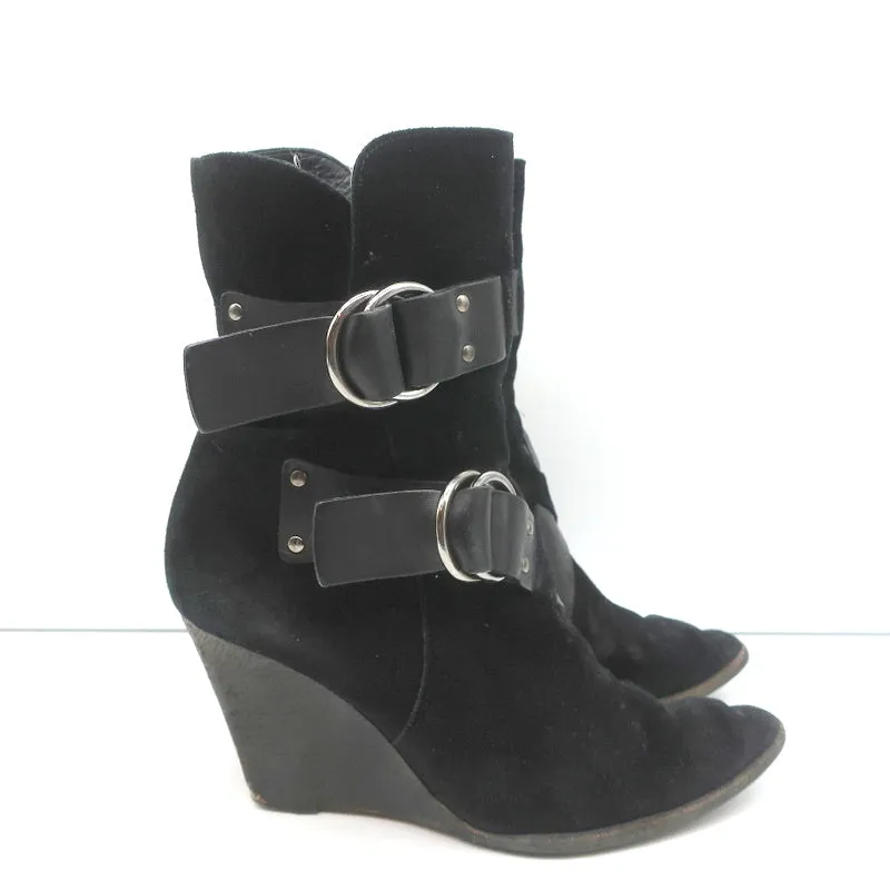 Givenchy Wedge Ankle Boots Black Buckled Suede Size 36.5 Pointed Toe