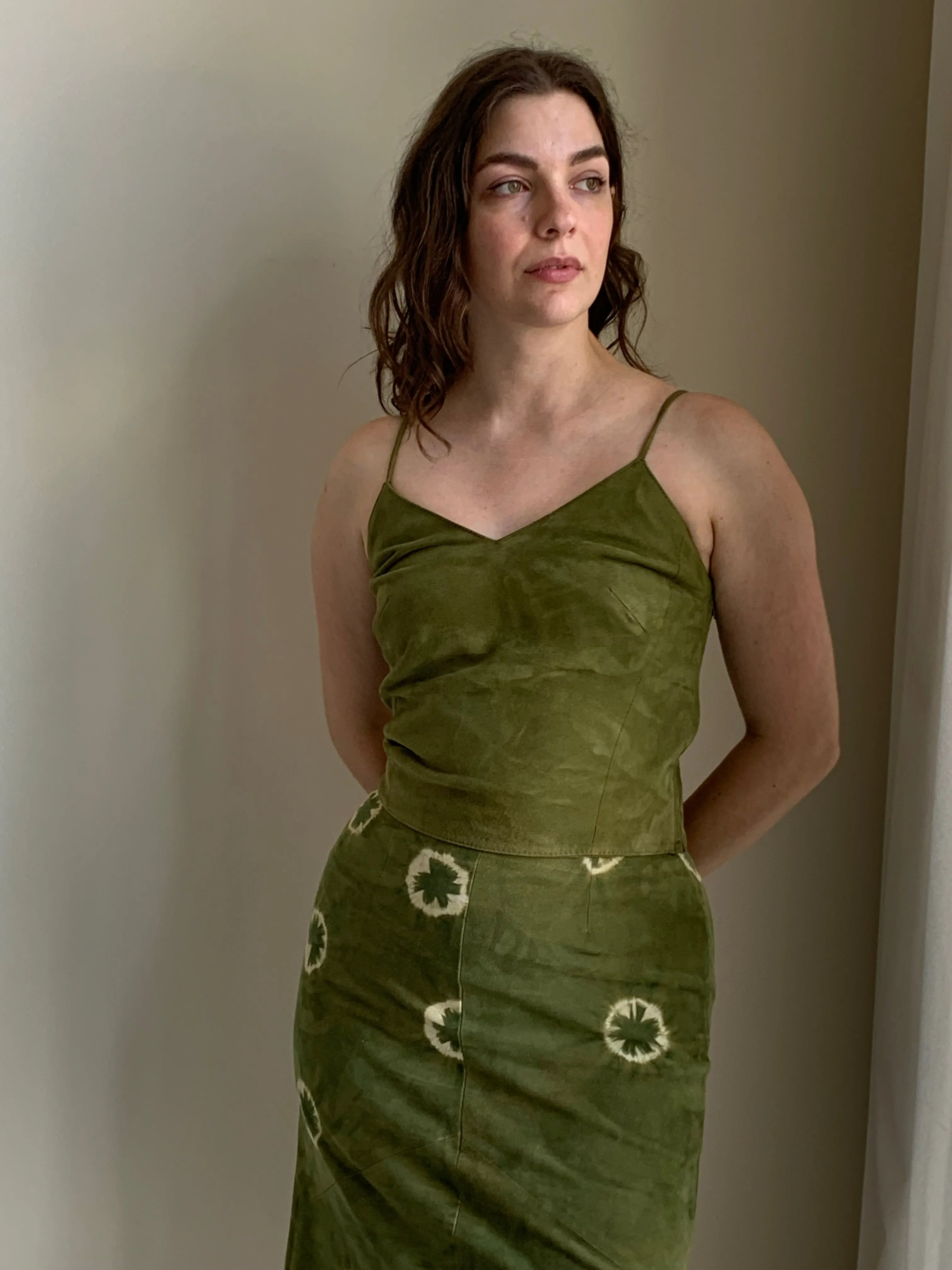 Green suede skirt set