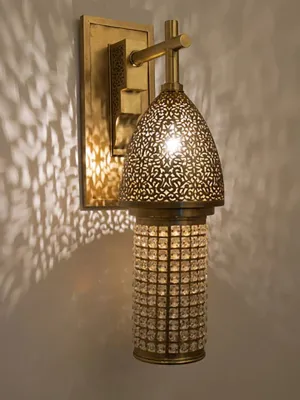 Handmade Moroccan Brass Wall Sconce - Stylish Shaded Contemporary Oriental Sconce with Crystal Accents