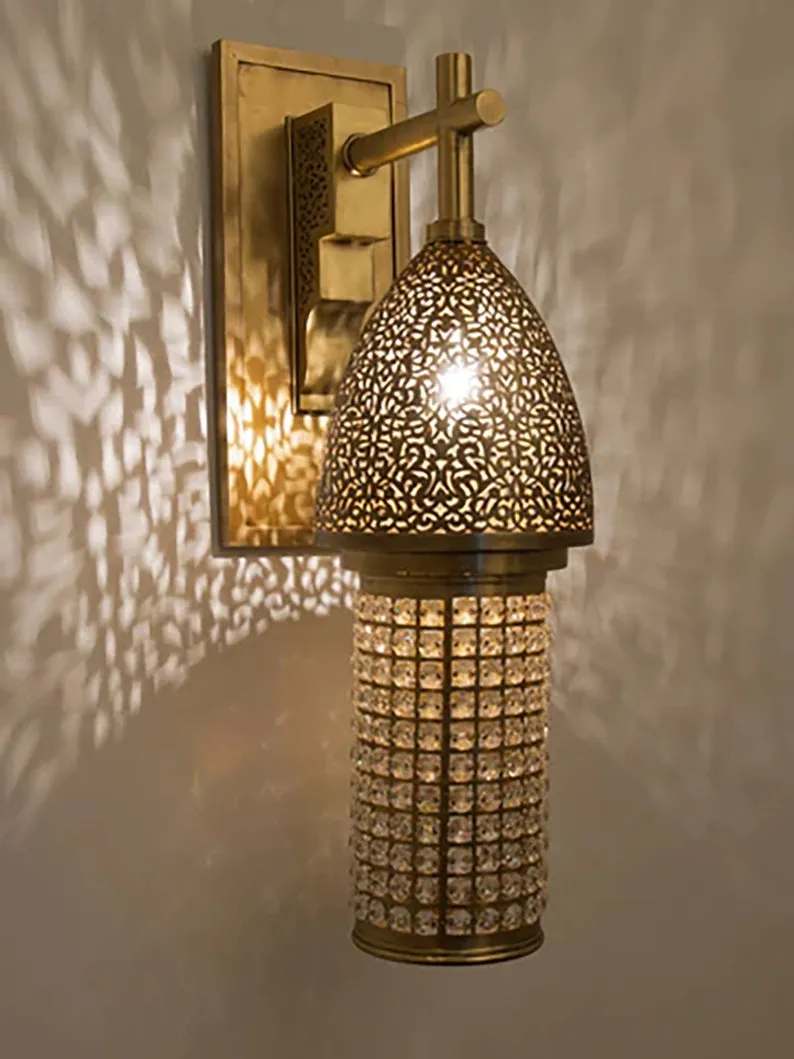 Handmade Moroccan Brass Wall Sconce - Stylish Shaded Contemporary Oriental Sconce with Crystal Accents