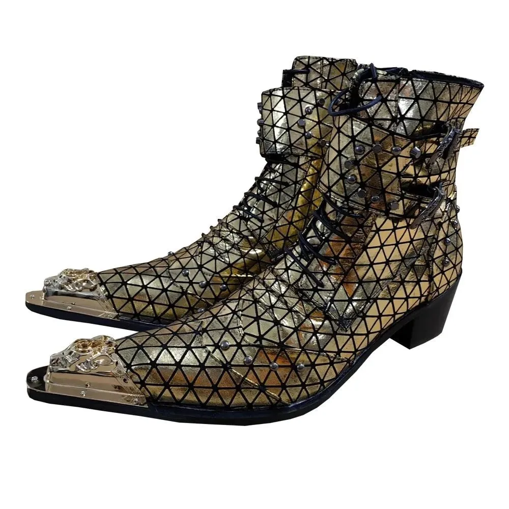 Men's Customized Cowhide Boots Spike Decoration Rivet Triangle Pattern