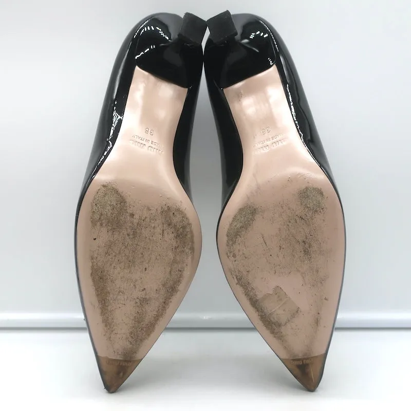 Miu Miu Pearl & Crystal-Embellished Low-Heel Pumps Black Patent Leather Size 38