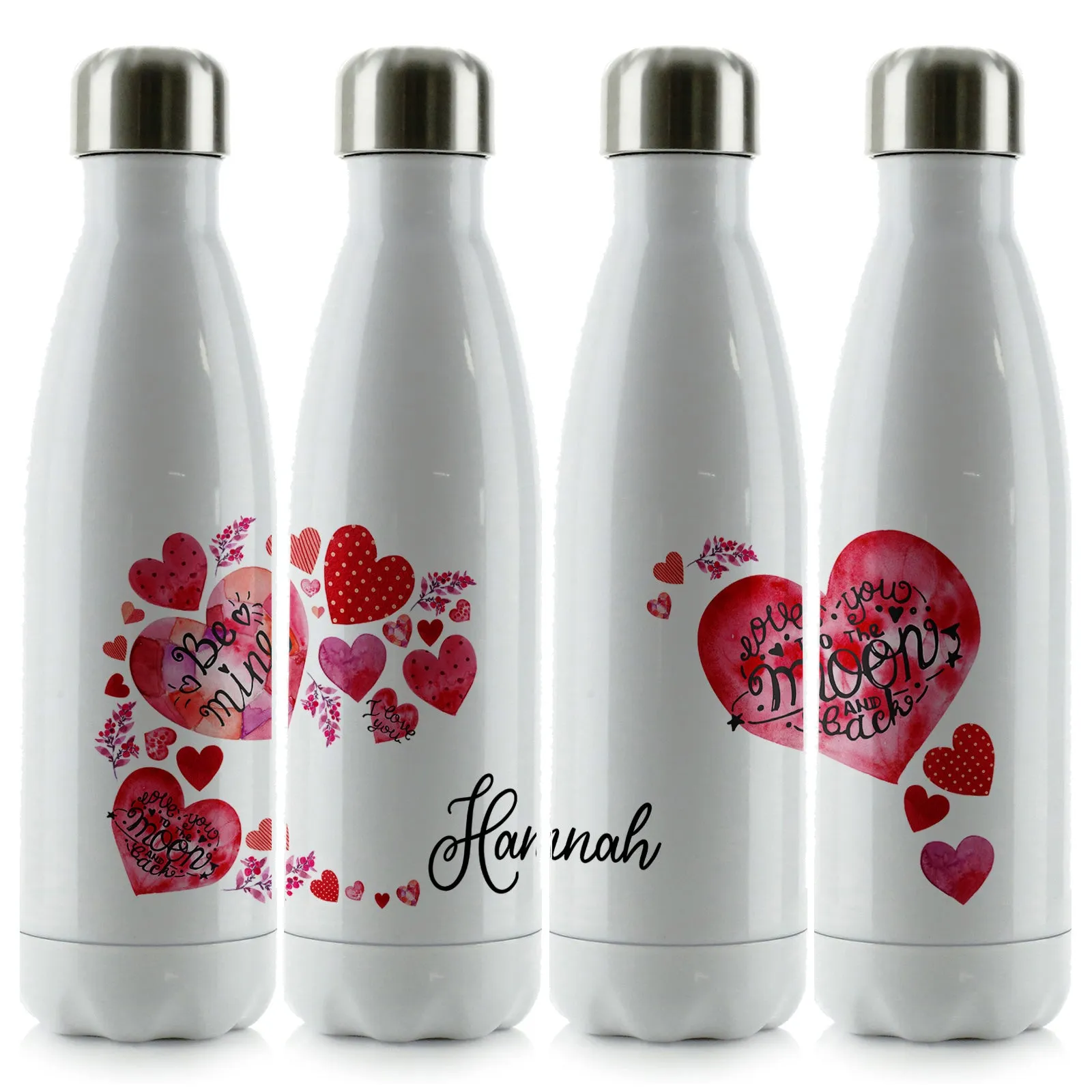 Personalised Cola Bottle with Stylish Text and Material Hearts Love Message Print