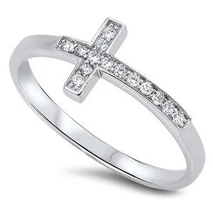 Sterling Silver Stylish Sideway Cross Design with Clear Cz Ring