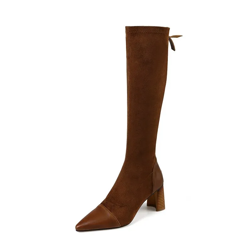 Women Knee-high boots natural leather cowhide back zip elastic boots